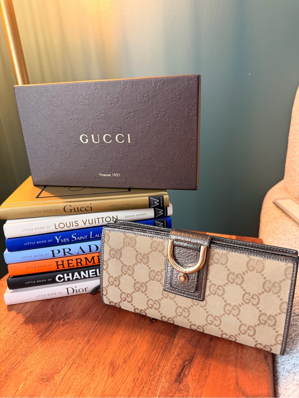 Gucci Beige GG Canvas Card & Key Holder with Brown Trim and Gold Ring